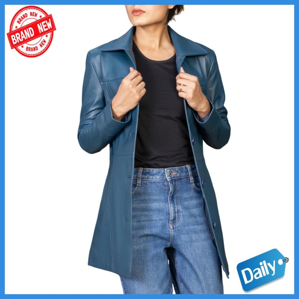Genuine Leather Trench Coat Women's 3/4 Length Blazer Style Jacket
